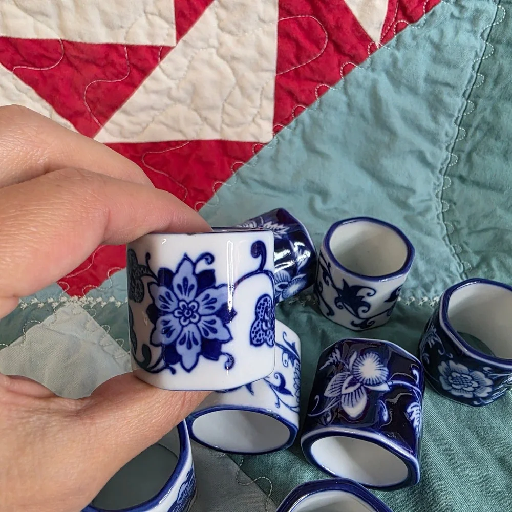 Blue and White Porcelain Floral Napkin Rings Set of 8 Chinoiserie Style